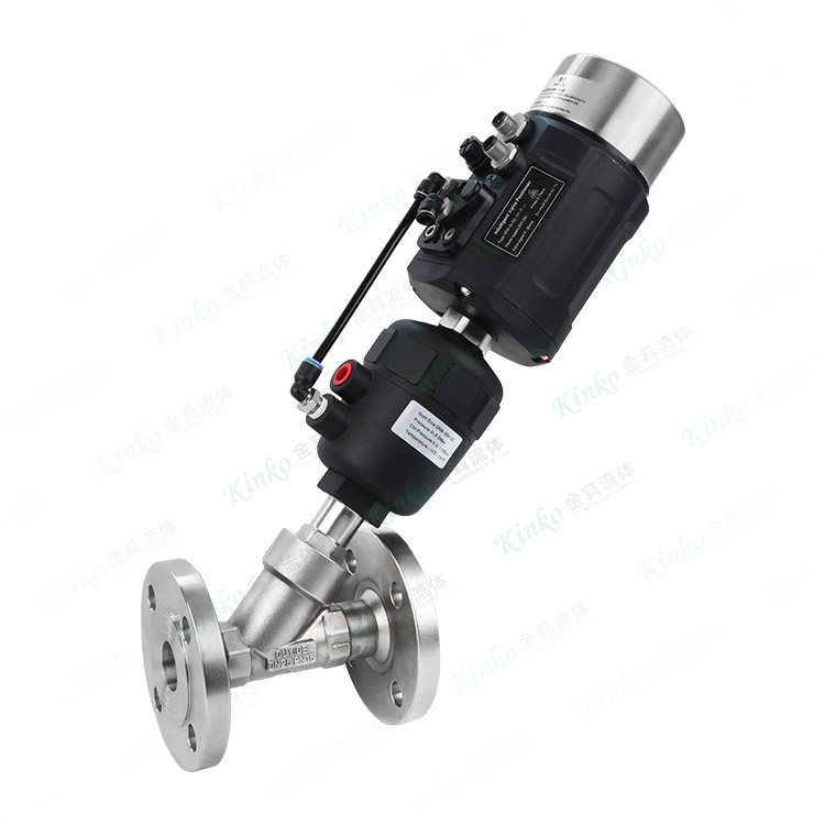 Flanged pneumatic angle seat valve with signal feedback